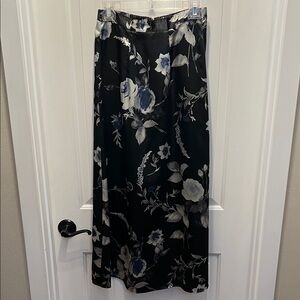 Silky Floral Maxi Skirt in Black, Blue & Ivory, Size Small